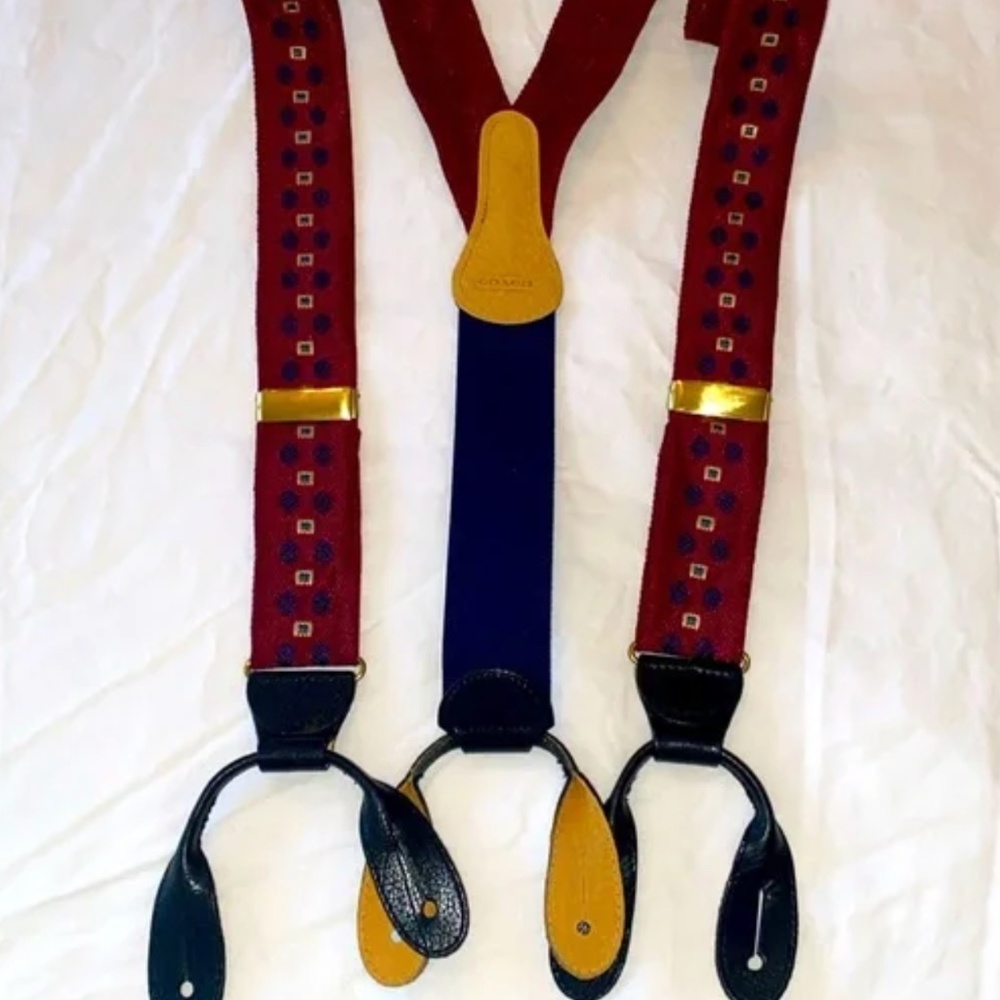 Coach burgundy suspenders, adjustable black leather button tans One Size
